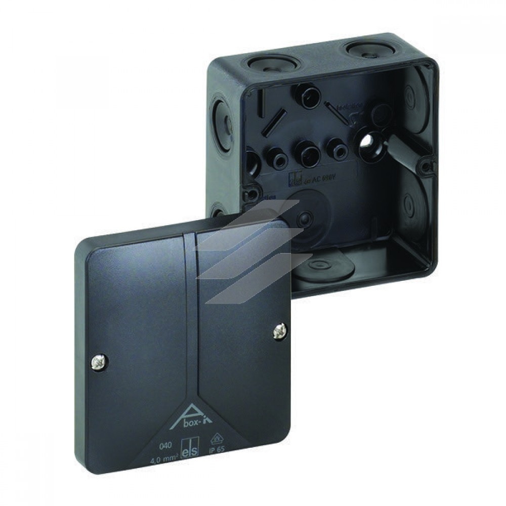 Розподільча коробка Aboх-i 040-L/sw (93х93х55мм), порожня, полікарбонат, 8 метричних вводів (7-М20, 1-М20 на днищі), IP65, чорна, Spelsberg